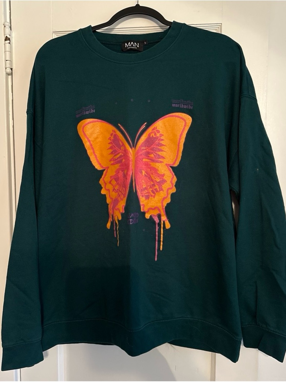 MAN Deep Teal Crewneck Sweater with Orange-Pink Butterfly Graphic
